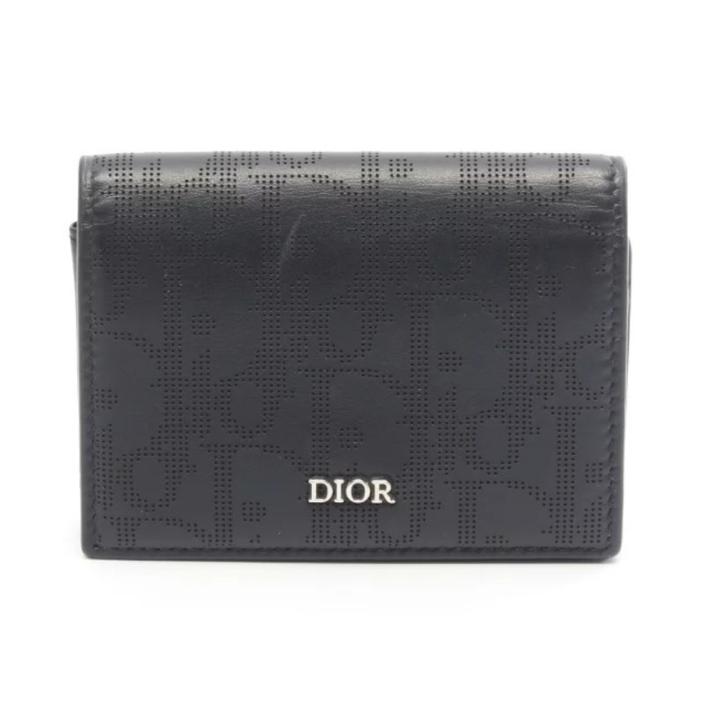 Christian Dior Oblique Perforated Card Case Wallet Leather Accessory Black